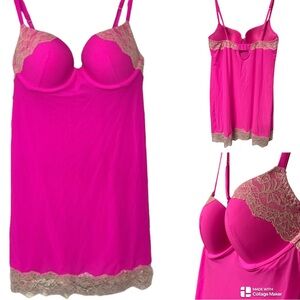 Victoria's Secret Hot Pink and cream gold shimmer Lace Chemise